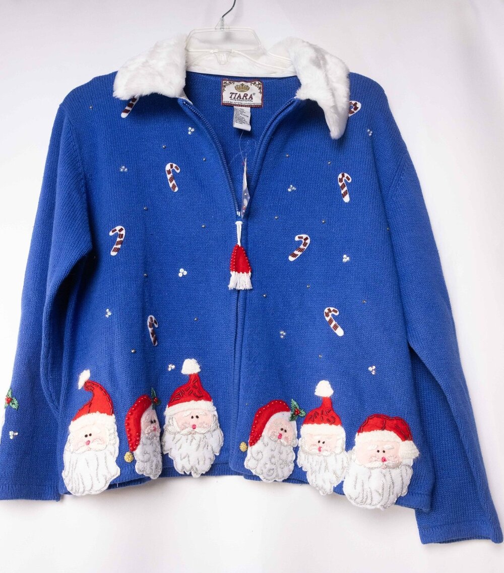 NWT Tiara International Santa Claus Christmas Sweater 2003 Womens Blue Size XL